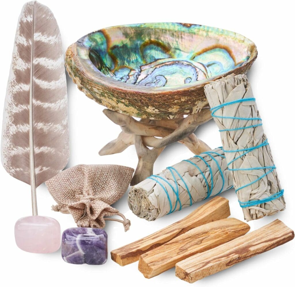 Home Cleansing  Smudging Kit with White Sage, Palo Santo, Abalone  Stand, Smudge Feather  Guide - Smudge Kit with Sage Smudge Sticks