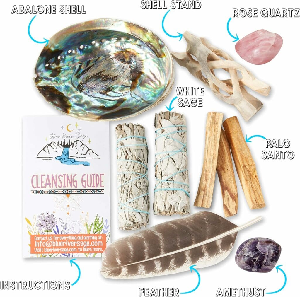 Home Cleansing  Smudging Kit with White Sage, Palo Santo, Abalone  Stand, Smudge Feather  Guide - Smudge Kit with Sage Smudge Sticks