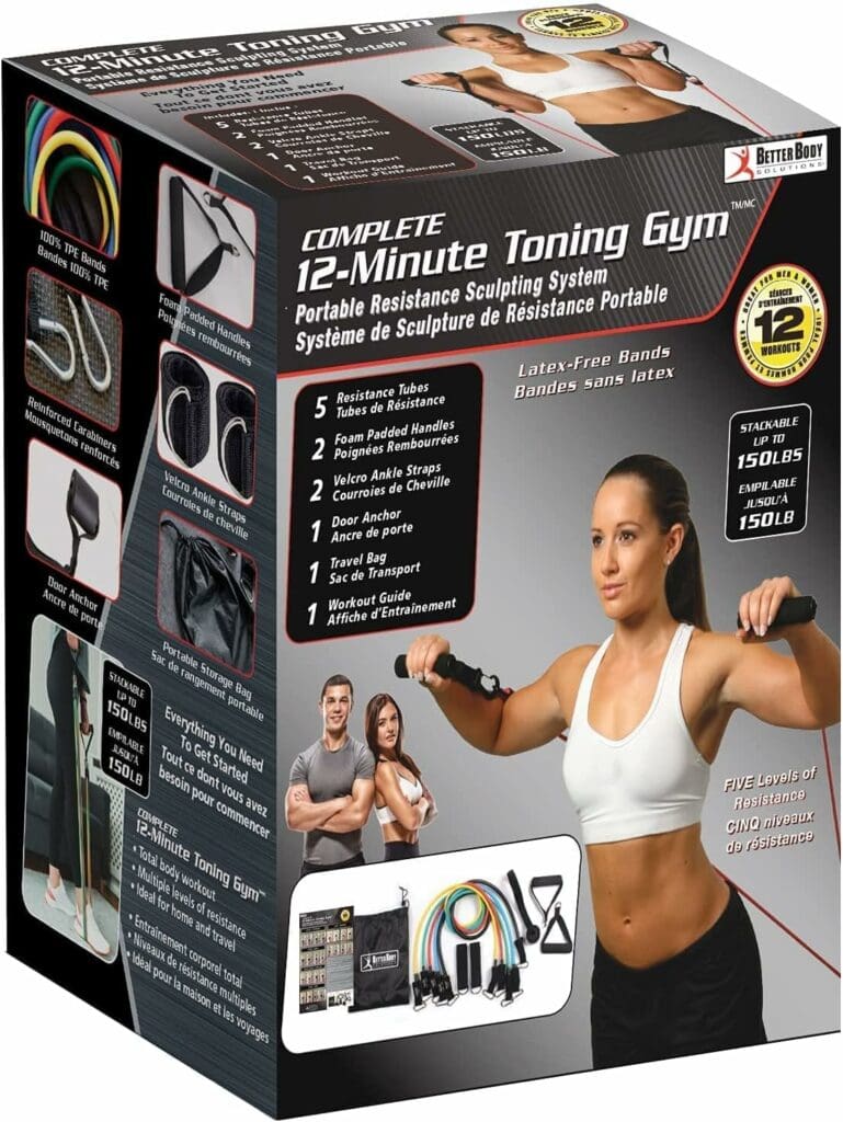 Home Spirit, 12 Minute Toning Gym Resistance Band, Workout Bands, Fitness Bands and Elastic Band Set, Gym Accessories for Women and Men, Stackable up to 150lbs Strength Training Equipment for Home Gym