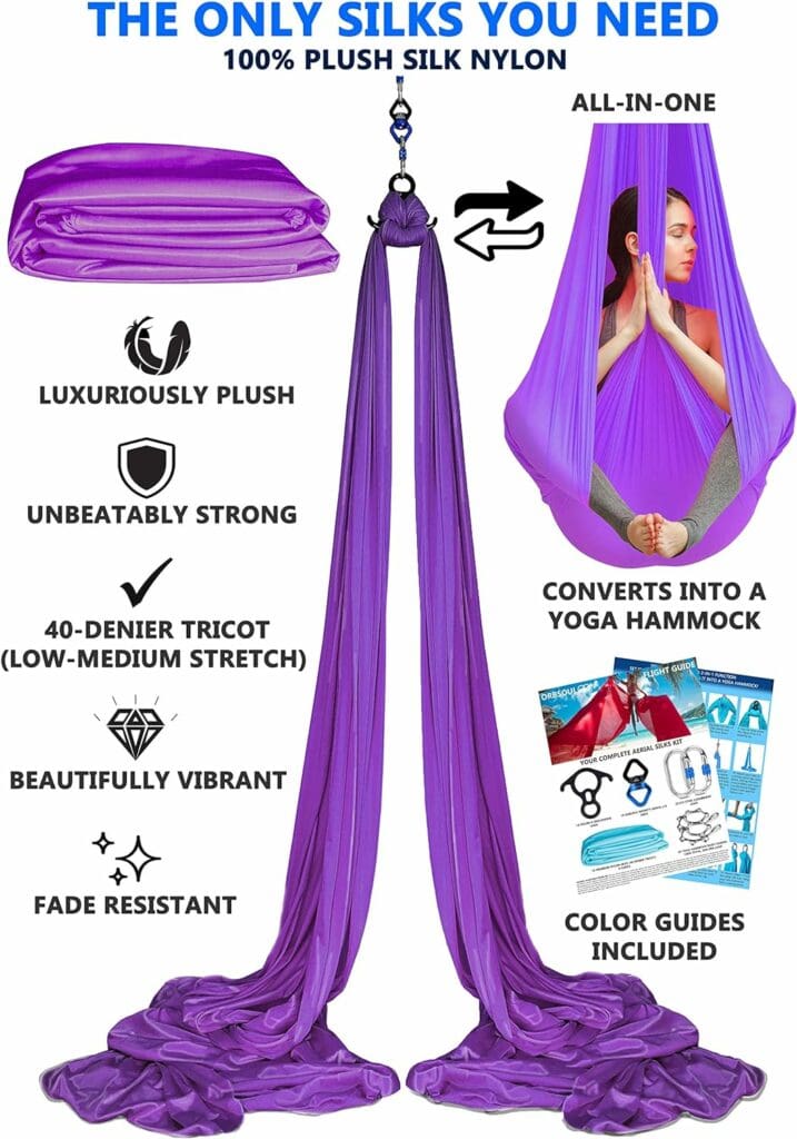 Orbsoul Aerial Silks + Yoga Hammock (Professional Grade) Includes Premium 100% Aerial Nylon Tricot Silks, Full Rigging Hardware and Easy Set-up Guide