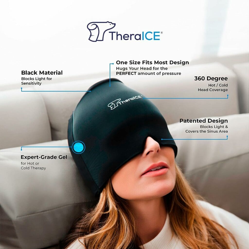 TheraICE Migraine Headache Relief Cap, Hot  Cold Therapy Hat, Migraine Relief Cap, Cool Gel Head Wrap, Headache Cap Ice Pack Mask, Cold Compress Migraine Relief Products Device for Tension  Stress