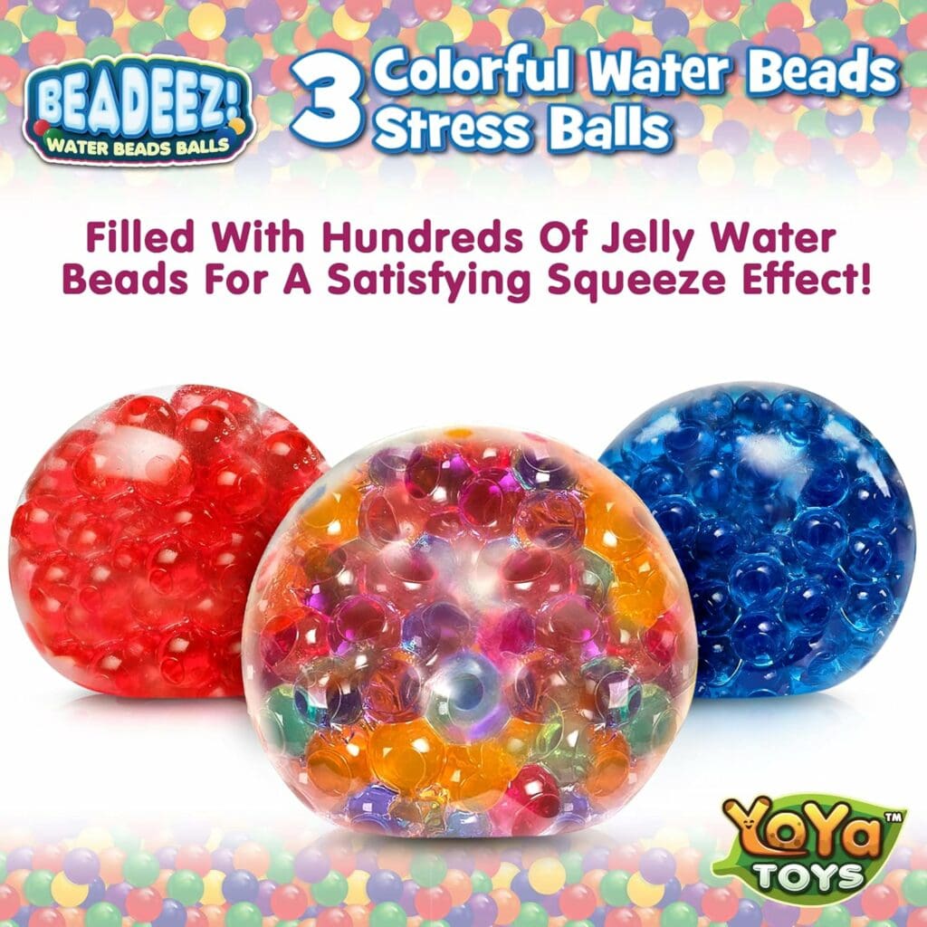 YoYa Toys Beadeez Squeeze Balls - Squishy Stress Relief Balls with Water Beads - Colorful Sensory Fidget Toys for Kids and Adults - Fun, Calming, Increase Focus, Great for ADHD, Autism - (3 Pack)