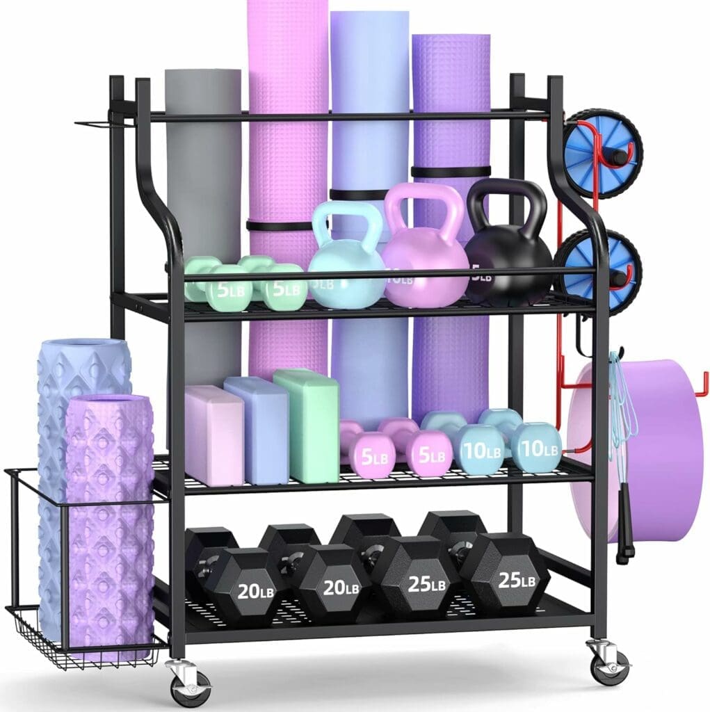 Mythinglogic Yoga Mat Storage Racks,Home Gym Storage Rack for Dumbbells Kettlebells Foam Roller, Yoga Strap and Resistance Bands, Workout Equipment Storage Organizer With Hooks and Wheels
