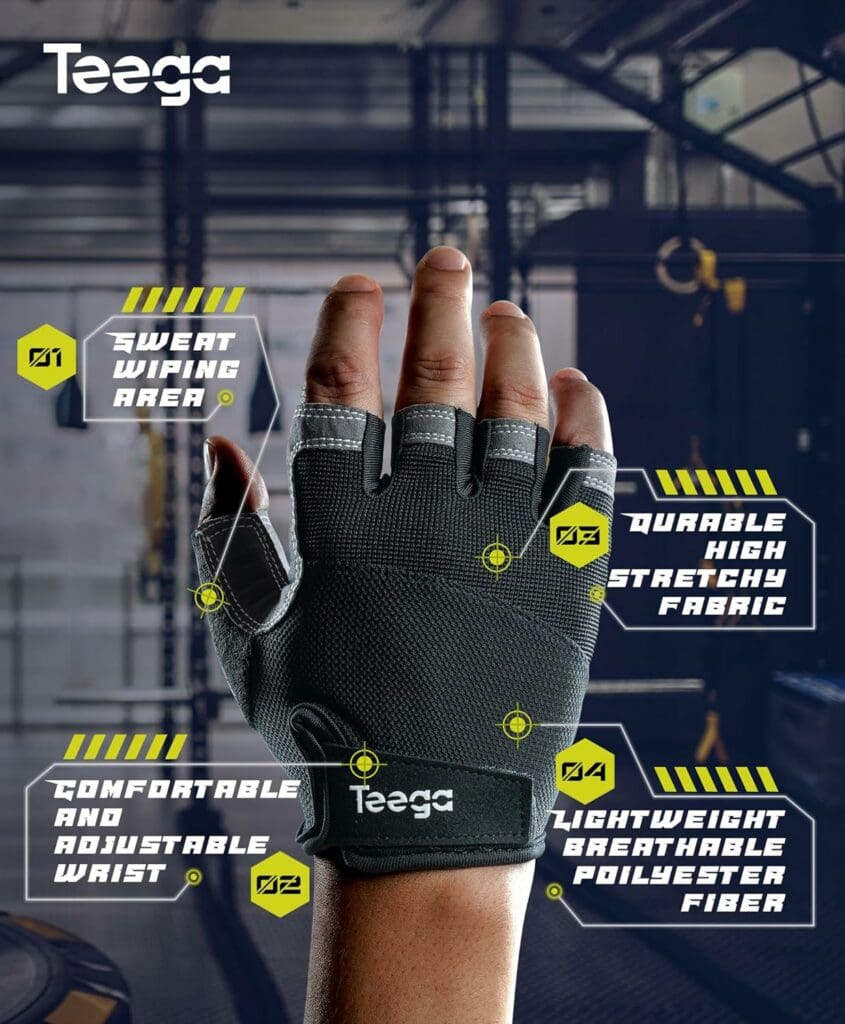 Teega Lightweight Workout Gloves for Men and Women, Weight Lifting Shorty Fingerless with Cushion Pads and Silicone, Fitness, Training, Cycling, Gym